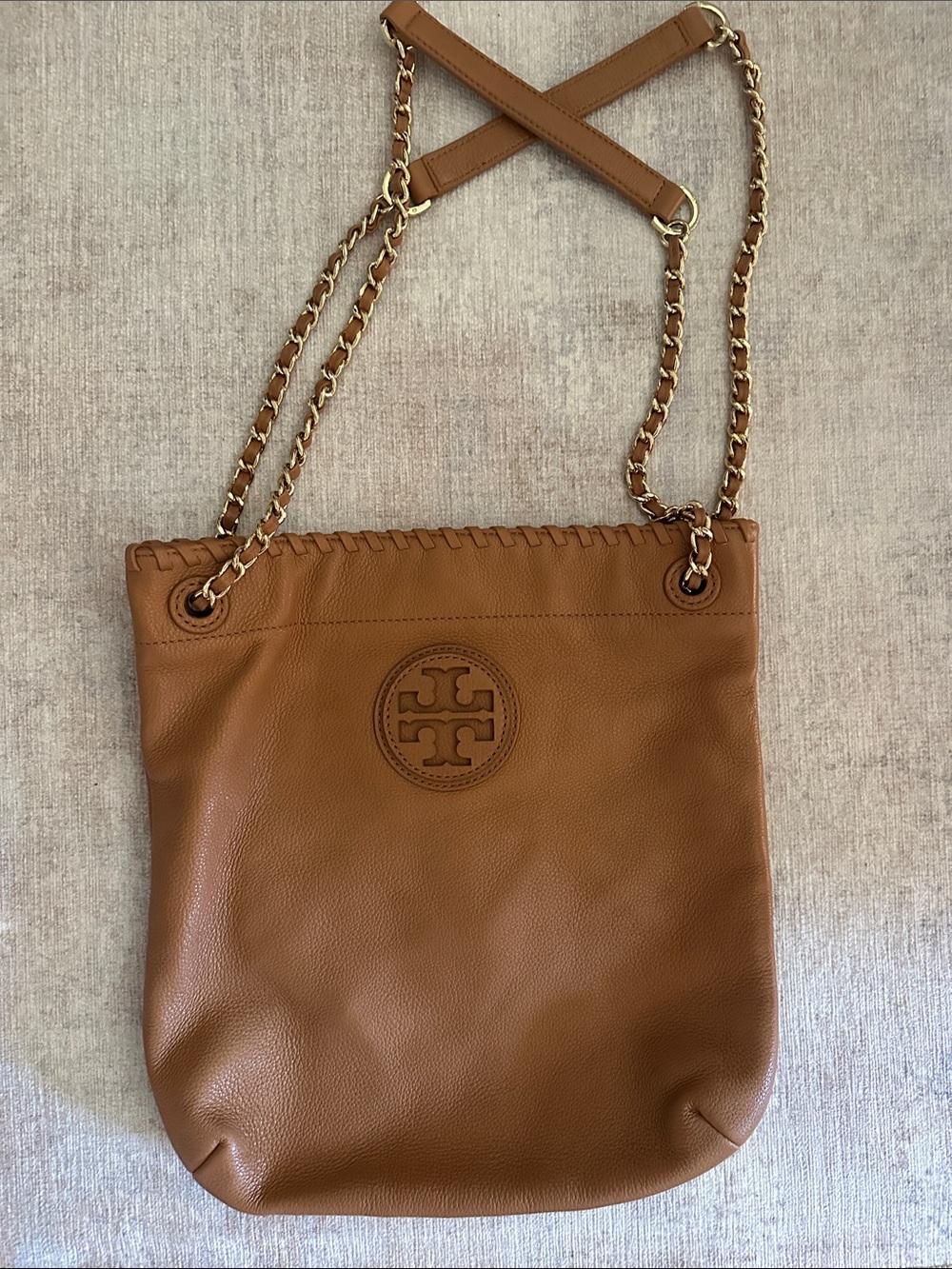 Tory Burch Cognac Leather Logo Chain Strap Shoulder Bag